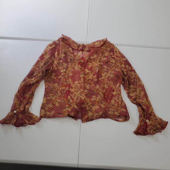 Y2K Whimsigoth Fairy Grunge Top Womens 14 Red Gold Button Up 100% Silk Sheer - Picture 4 of 7